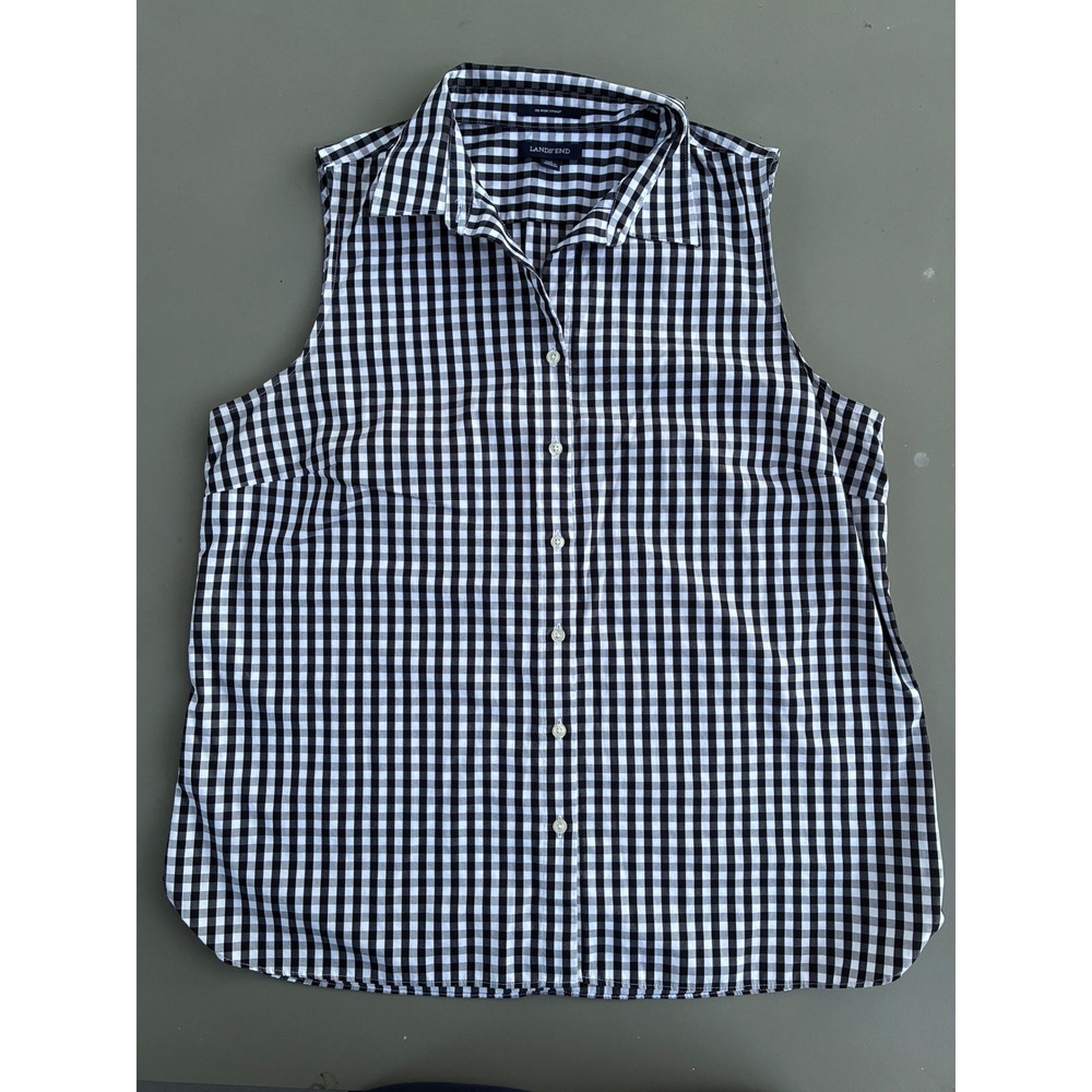 Lands End Womens 16 Black White Gingham No Iron Supima Cotton Sleeveless Shirt